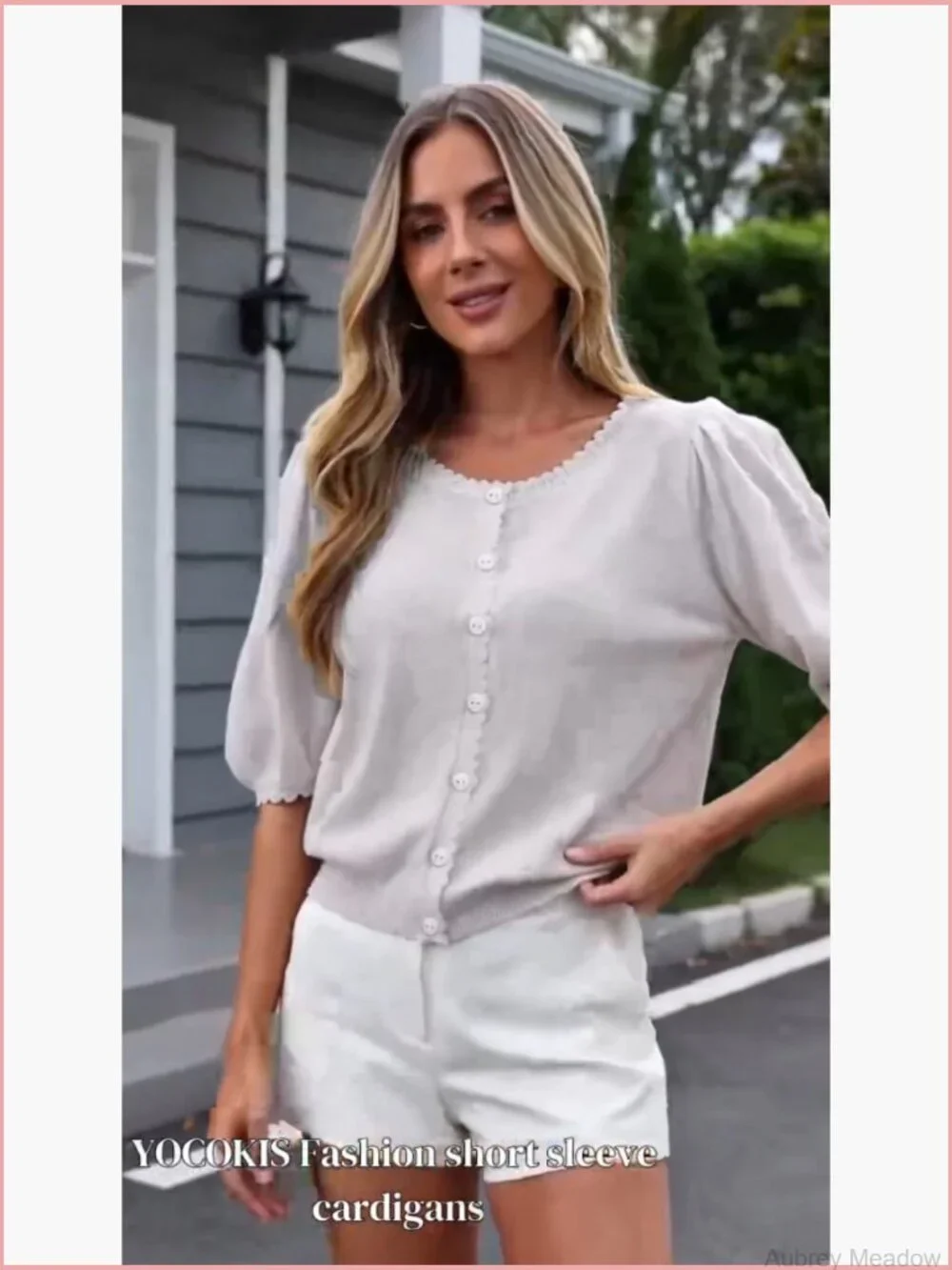 Puff Short Sleeve Cardigan Lightweight Button Down Knit Sweater Top - Picture 6 of 7